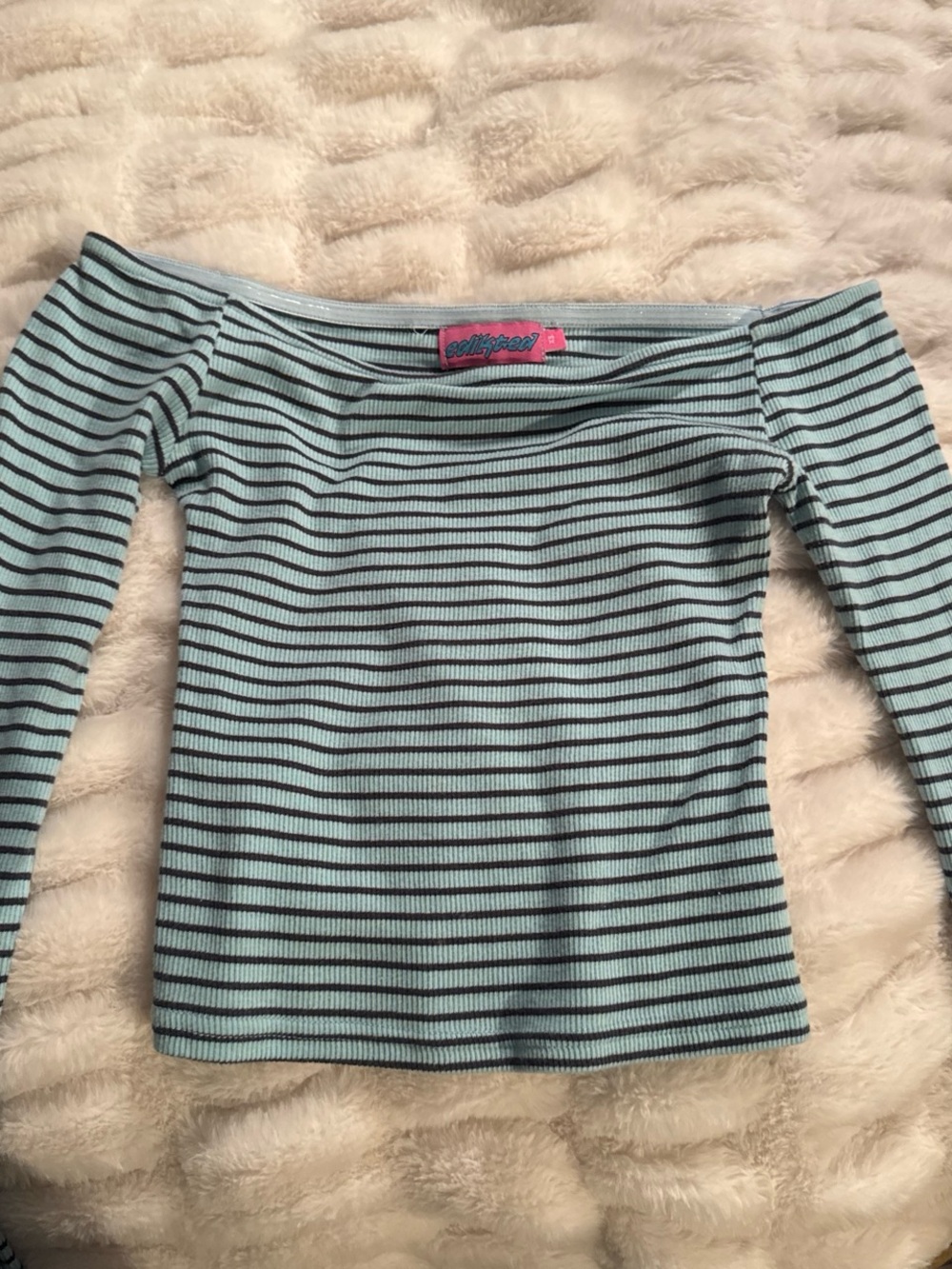Edikted Off-Shoulder Ribbed Stripe Top - Light Blue & Black